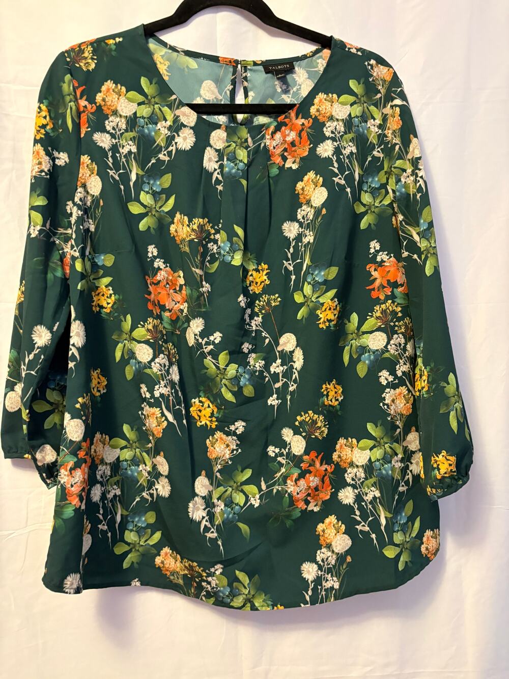 Talbots Floral Top Green Crew Neck Back Button Pullover 3/4 Sleeve Sz L